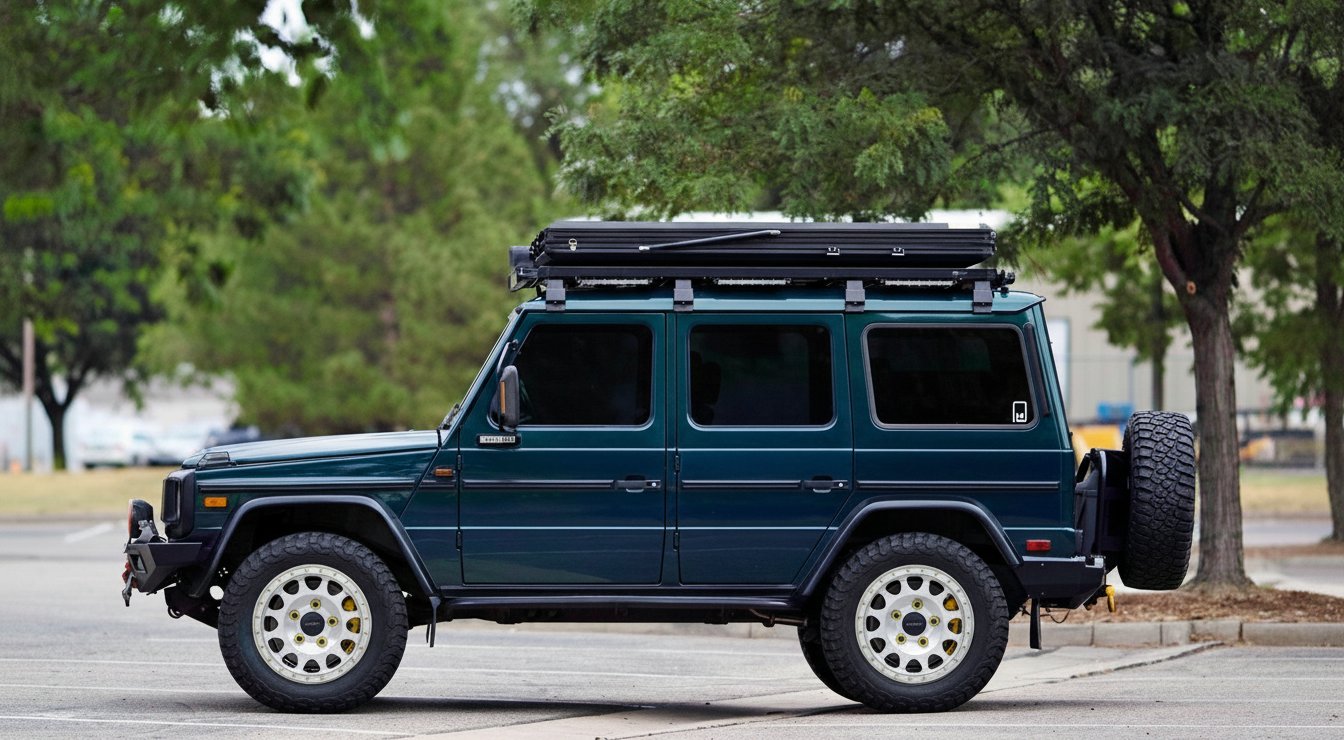 Внедорожная смена дисков на тёмно-зелёном Mercedes-Benz G-класса с брутальными вседорожными дисками