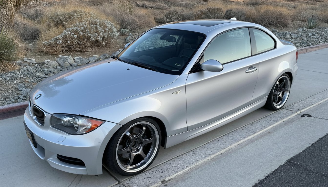 Серебристый BMW 1 серии (купе), вид спереди-сбоку, у обочины в пустыне