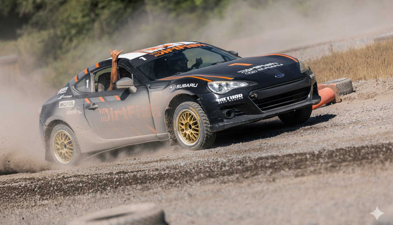 Subaru BRZ в ливрее DirtFish в заносе на гравийной раллийной трассе